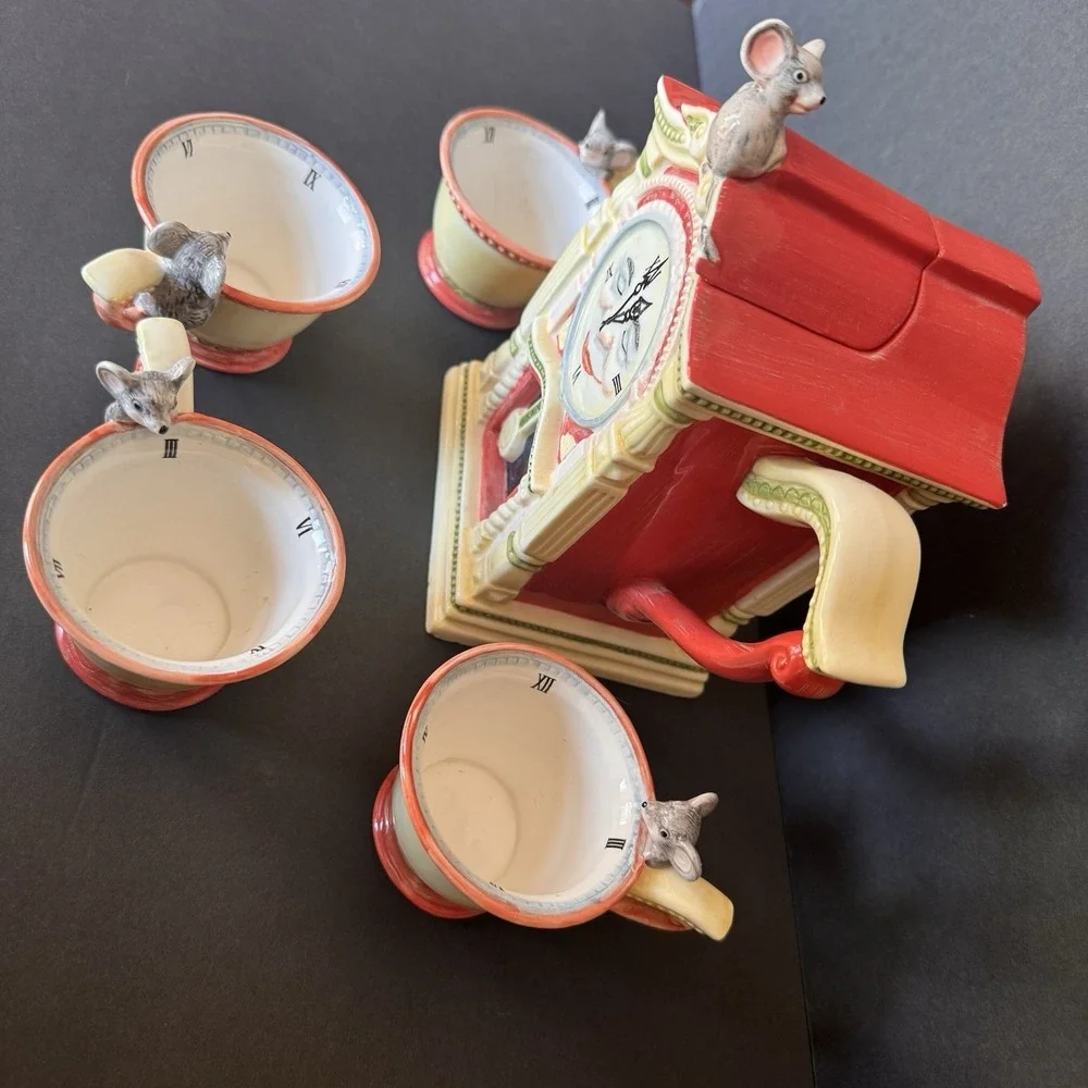 Vintage Department 56 Storybook Hickory Dickory Dock Handpainted Ceramic Tea Set